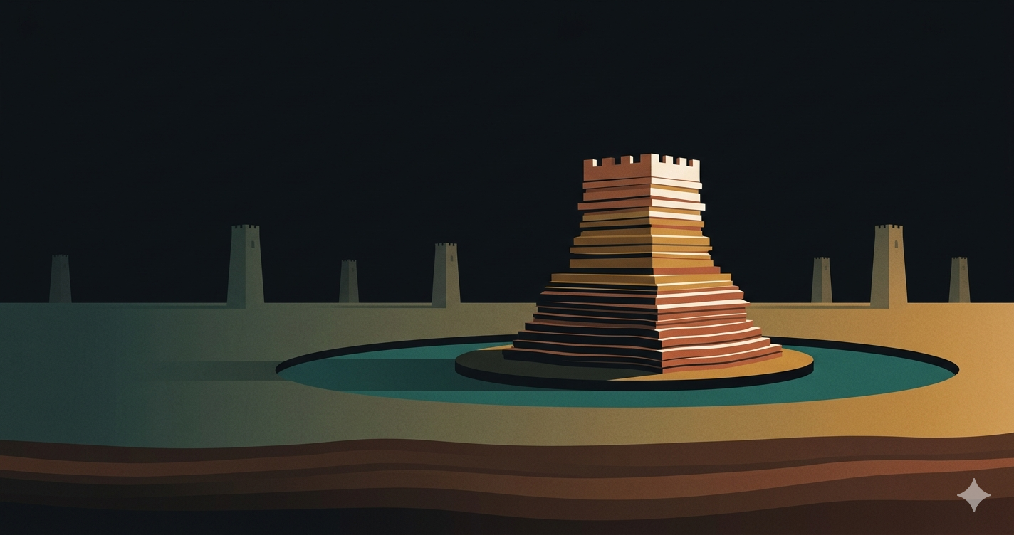 A fortified keep built up in stratified layers, rising from an island ringed by a moat — context compounding into a defensible asset.
